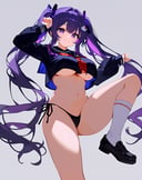 (score_9,score_8_up,score_7_up),1girl,solo,crop top,breasts,long hair,crop top overhang,stomach,looking at viewer,underboob,thighs,long sleeves,purple hair,navel,string panties,shirt,panties,twintails,smile,socks,shoes,black shirt,simple background,white background,underwear,hair ornament,no pants,white socks,black panties,side-tie panties,large breasts,black footwear,leg up,purple eyes,sailor collar,standing,holding,highleg,frills,closed mouth,multicolored hair,very long hair,neckerchief,ribbon,hands up,sidelocks,midriff,standing on one leg,school uniform,hand up,