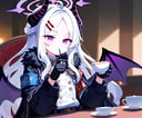 (score_9,score_8_up,score_7_up),hina (blue archive),1girl,long hair,white hair,halo,horns,solo,wings,gloves,purple eyes,military uniform,military,armband,hair ornament,uniform,demon wings,sitting,cup,coat,black gloves,skirt,hairclip,chair,demon horns,blurry,table,parted bangs,low wings,long sleeves,ahoge,bangs,fur-trimmed coat,blurry background,teacup,indoors,multiple horns,belt,holding,fur trim,