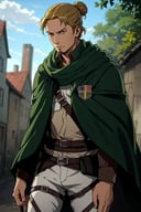 solo male, Eld Gin, Attack on Titan, blond hair, middle parting hair, single hair bun, brown eyes, sideburns, thin goatee, Scout Regiment uniform, white shirt underneath, brown jacket, green cloak, white pants, knee boots, three-dimensional maneuver gear, mature, handsome, charming, alluring, standing, upper body, perfect anatomy, perfect proportions, best quality, masterpiece, high_resolution, dutch angle, cowboy shot, photo background