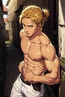 solo male, Eld Gin, Attack on Titan, blond hair, middle parting hair, single small hair bun, brown eyes, sideburns, thin goatee, (topless, shirtless, bare neck, bare chest, bare belly, bare shoulder, bare arms), white pants, mature, handsome, charming, alluring, portrait, perfect anatomy, perfect proportions, best quality, masterpiece, high_resolution, dutch angle, photo background