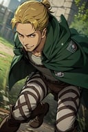 solo male, Eld Gin, Attack on Titan, blond hair, middle parting hair, single hair bun, brown eyes, sideburns, thin goatee, Scout Regiment uniform, white shirt underneath, brown jacket, white pants, knee boots, green cloak, three-dimensional maneuver gear, mature, handsome, charming, alluring, portrait, close-up, smile, perfect anatomy, perfect proportions, best quality, masterpiece, high_resolution, dutch angle, photo background, AttackonTitan