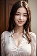 masterpiece, best quality, photorealistic, raw photo, 1girl, long hair, medium breast, collared blouse, light smile, detailed skin, pore, low key