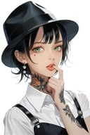 beautiful lady, realistic, raw photo, black hair, black headwear, boots, collared shirt, dress shirt, earrings, green eyes, hand up, hat, heart, heart tattoo, jewelry, looking at viewer, male focus, mouth hold, orange eyes, shirt, short sleeves, sidelocks, simple background, solo, tattoo, upper body, white background, white shirt