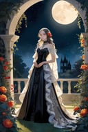 In the ethereal setting of a moonlit garden, a young maiden dons an exquisite gothic gown adorned with intricate lace and velvet accents. Standing amidst a lush tapestry of vibrant blooms, she exudes an aura of mysterious elegance, her porcelain complexion illuminated by the soft glow of moonlight filtering through the foliage. With cascading curls framing her delicate features, she gazes serenely into the distance, her expression hinting at untold secrets and timeless beauty. Each flower in the garden seems to dance in harmony with her presence, weaving a spellbinding tableau of enchantment and allure.