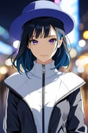 1girl,illustration,, black hair, blue hair, blue headwear, blurry, blurry background, breasts, closed mouth, depth of field, jacket, looking at viewer, multicolored hair, purple eyes, solo, upper body, zipper pull tab