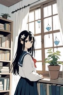 1girl, cute illustration, cute, kawaii, sweet,rough sketch, film grain, noise, , black eyes, black hair, book, book stack, bookshelf, buttons, closed mouth, curtains, day, dutch angle, hair between eyes, hair ornament, indoors, long hair, long sleeves, looking at viewer, plant, potted plant, school uniform, serafuku, solo, very long hair, window, wind chime