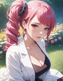 1girl, myerika, pink eyes, pink hair, breasts, right side ponytail, lab coat, outdoors, garden, flower, sitting, on grass,upper body, looking at viewer, (masterpiece), (best quality), (ultra-detailed), very aesthetic, illustration, perfect composition, moist skin, intricate details, mysterious, fantasy <lora:my_erikaXL:0.8>