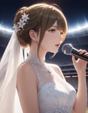 1girl, kuwayama chiyuki, dress, upper body, singing, stadium, looking at viewer, (masterpiece), (best quality), (ultra-detailed), very aesthetic, illustration, perfect composition, moist skin, intricate details, mysterious, fantasy, 