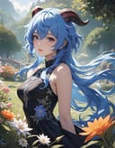 1girl, ganyu \(genshin impact\), black dress, horns, upper body,outdoors, garden, flower, on grass, looking at viewer, (masterpiece), (best quality), (ultra-detailed), very aesthetic, illustration, perfect composition, moist skin, intricate details, mysterious, fantasy, 