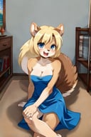 ((anime style, manga style, official artwork, LineArt, dynamic, detailed eyes, detailed anatomy, perfect anatomy, detailed background, detailed body, vivid colours, digital artwork, hi res, absurd res, cartoon, furry art, perfect perspective, FurryToonMix, traditional art)), ((squirrel)), rodent, female, ((squirrel female)), ((Brown fur)), white fur, double tone fur, 1girl, solo, furry, furry female, blue eyes, breasts, ((dress)), ((strapless dress)), strapless, animal ears, squirrel ears, cleavage, buck teeth, blonde hair, makeup, open mouth, medium breasts, grey background, sitting, barefoot, blue dress, bare shoulders, simple background, full body, short dress, Athletic body, shapely thighs