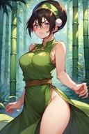 score_9, score_8_up, toph bei fong, blush, cowboy shot, green dress, detailed bamboo forest background