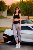 1girl, 25yo, smile, dress, Jean's, sports bra, sneakers, white sneakers, (((girl with car))), standing, standing in front of car, outdoors, sunsets, , ground vehicle, motor vehicle, car, road, vehicle focus, ((sports car)), ((ford)), ((mustang)), ((2023 model)), fully loaded, @imageized