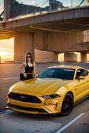 1girl, 25yo, smile, dress, Jean's, sports bra, sneakers, white sneakers, (((girl with car))), standing, standing in front of car, 1car, outdoors, sunsets, , ground vehicle, motor vehicle, car, road, vehicle focus, ((sports car)), ((ford)), ((mustang)), ((2023 model)), fully loaded, @imageized