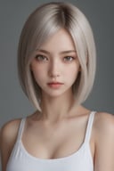 1girl, solo, (straight face picture), straight topper body, looking at viewer, dynamic hairstyle,(Chopped hair) red eyes, shy, silver and gold hair, collarbones, parted lips, dynamic lips, Best Quality, photorealistic, ultra-detailed, lips, white tank top, sunlight, Beautiful, ruanyi0220,Beautiful