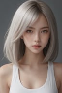 1girl, solo, (straight face picture), straight topper body, looking at viewer, long bob hair Chopped hair, red eyes, shy, silver and gold hair, collarbones, parted lips, dynamic lips, Best Quality, photorealistic, ultra-detailed, lips, white tank top, sunlight, Beautiful, ruanyi0220,Beautiful