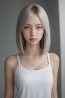 1girl, solo, (straight face picture), straight topper body, looking at viewer, long bob hair Chopped hair,(Chopped hair) red eyes, shy, silver and gold hair, collarbones, parted lips, dynamic lips, Best Quality, photorealistic, ultra-detailed, lips, white tank top, sunlight, Beautiful, ruanyi0220,Beautiful