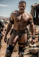 A  full body photograph of a masculine rugged male cybernetic warrior nude with an erect penis, thighs, 48yo, high detail implants, in a postapocalyptic battle scene , professional photography sharp focus, high detailed face, Global illumination, realistic light, realistic shadow, cinematic, best quality, hyper realistic, 4K, HDR, chiaroscuro, close-up, photorealistic, sharp focus, intricate, soft lighting, masterpiece