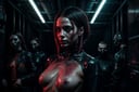 eerie photograph "mysterious dark cyberpunk scene", a contemporary art photograph. The image is a masterpiece of the highest quality. impactful deep color elements are represented in the image, perfect female anatomy