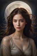 High quality, 8K Ultra HD, hyper-realistic portrait of a captivating woman, The woman is portrayed in a moonlit setting, her features bathed in a soft, diffused glow that accentuates the delicate nuances of her expression. The artist, drawing from Sargent's precision, captures every subtle contour of her face, the intricacies of her gaze, and the cascading strands of her hair, In this mysterious ambiance, the artist employs da Vinci's mastery of shadow and light, creating an alluring interplay that accentuates the enigmatic aura surrounding the woman, Shadows dance across her features, enhancing the depth of her gaze and adding a touch of secrecy to the composition, 