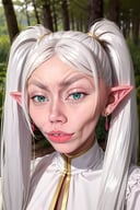 
1girl, solo, elf, white hair, grey hair, earrings, pointy ears, long hair, twin_tails, green eyes,  thick eyebrows, white dress, forest,
((waoschad, jawline, cheekbones, facial_expression, raised eyebrow, big lips,))