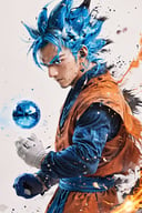 super saiyan, 1boy, solo, jewelry, earrings, son goku, male focus, gloves, blue hair, white gloves, looking at viewer, energy ball, blue eyes, spiked hair, smile, white background, simple background, ink, ink smoke,