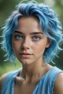 (best quality,  4k,  8k,  highres,  masterpiece:1.2),  ultra-detailed,  (realistic,  photorealistic,  photo-realistic:1.37),  blue messy hair,  light blue eyes,  freckles,  women,  portrait,  cinematic,  bokeh,  soft lighting,  ethereal atmosphere,  dreamy expressions,  dynamic composition,  textured background,  vivid colors,  subtle smile,  graceful pose,  professional,  artistic,  portrait photography,better photography