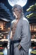 best quality, masterpiece, 8k, insanely detailed, 1boy, bishounen, long silver hair, piercing blue eyes, elegant facial features, (cowboy shot:1.3), upper body, serious expression, white silk robe with blue accents, standing in zen garden with cherry blossom trees, koi pond, full moon in night sky, fantasy scenery, extremely delicate anime illustration
