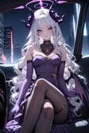 (masterpiece, best quality, highres, absurbres, 8k, highly detailed), newest, beautiful eyes detailed, perfect face, depth of field, vibrant, 1girl, solo, long hair, looking at viewer, bangs, gloves, dress, holding, bare shoulders, jewelry, sitting, purple eyes, white hair, pantyhose, sidelocks, earrings, wings, horns, sky, alternate costume, elbow gloves, necklace, strapless, night, halo, crossed legs, demon horns, ground vehicle, building, strapless dress, motor vehicle, purple dress, demon wings, city, car, cityscape, low wings, purple gloves, hand on own knee, skyscraper, car interior, hina \(blue archive\)
