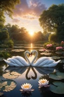 (masterpiece), realistic lighting, score_9, score_8_up, score_7_up, realistic, intricate details, hyperdetailed, extremely sharp, 4k, ,vivid colors,
((masterpiece)), ((best quality)), (ultra-detailed), absurdres, extremely detailed CG unity 8k wallpaper, Official Art, two beautiful swans in the pond, one in front of the other, forming a heart, same size,they kiss, trees, plants, flowers, water lilies, breathtaking sunset, astral energy, magical and romantic atmosphere colorful, late spring scenery, illustration, (dramatic lighting:1.1),
hyperdetailed, hyperrealistic, 8k, high quality, hi res, best quality, high quality, absurd res, volumetric lighting, reflections, polished, intricate, soft warm lighting