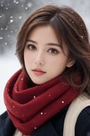 a young woman, cute, 21 years old, staring into space, brown hair, brown eyes, red scarf, snowing, realistic, realistic skin texture,
