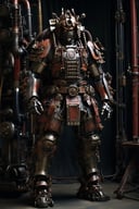 samurai, japanese armor, full body, robot, machinery, cable, pipe, science fiction, mecha, 
masterpiece, best quality, aesthetic, realistic, raw photo, 