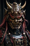 mechanical samurai, japanese armor, oni mask, portrait, cyborg, 
masterpiece, best quality, aesthetic, realistic, raw photo, 