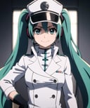 quincy,1girl,hatsune miku,solo,looking at viewer,smile,gloves,hat,jacket,upperbody,white gloves,military hat,<lora:quincy_style-10:0.8>,