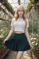 one girl, solo, supermodel, pale skin, light bonde hair, long hair, bangs, prefect face, makeup, big tits, hanging breasts, nipples, narrow waist, navel, thighs, T-shirt, pleated skirt, mini skirt, shirtlift, (looking at viewer), an enchanting, overgrown greenhouse filled with tangled vines and blossoming flowers, backlighting, creates a halo effect around characters, giving them a radiant and romantic aura, looking at viewer