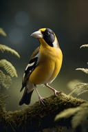 National Geography, Award winning pan shot of a Evening Grosbeak in the wild, full-body, atmospheric lighting. by pascal julio and nadine albuquerque, 2000s vintage RAW photo, photorealistic, film grain, candid camera, color graded cinematic, eye catchlights, atmospheric lighting, imperfections, natural, shallow dof, High level of detail to create a photographic-like image, focusing on lighting, realistic textures, hyperdetailed.