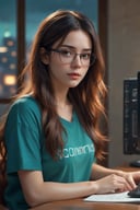 Portrait of a young woman working on her computer late at night, (warm interior lighting:1.2), (window in the background:1.1) (Concentration:1.3),(focused expression:1.4) (long wavy hair:1.2), (thick-framed glasses:1.1) (graphic t-shirt:1.1), (casual and comfortable:1.2) (realistic and detailed:1.4), (tones of orange and teal:1.3) digital illustration inspired by the works of Craig Mullins and Android Jones, trending on ArtStation and DeviantArt, 8000 x 8000 resolution, (cinematic composition:1.3) lifelike shading and textures, backlit with volumetric lighting. award-winning visuals, intimate mood, thoughtful and compelling. (artgerm:0.7), (wlop:0.3) 