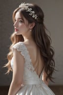 woman, (long hair:1.4), (very long hair:1.45), (absurdly long hair), blonde hair, smile, shy smile, high heels, earring, collar, (white dress:), (wedding crown:1.2), (wedding dress), (bridal dress:1.2), (flower:1.2), (wedding party:1.2), from behind,, (masterpiece, high quality, best quality:1.3), (photorealism:1.3), (dynamic shadows, dynamic lighting:1.2), (natural skin texture), (natural lips, detailed lips:1.3), (natural shadows, detailed shadows), (hyperrealism, soft light, sharp), (hdr, hyperdetailed:1), (intricate details:0.8), detailed eyes, detailed hair, detailed skin, 8k, (cinematic look:1.4), insane details, intricate details, hyperdetailed, low contrast, soft cinematic light, exposure blend, hdr, faded, slate gray atmosphere