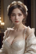 1girl, looking at viewer, upper body, 3D, realistic, large breasts, excessively frilled princess dress, draped clothes, jewelry, ornament, flower, lace trim,
masterpiece, best quality, 8k, detailed skin texture, detailed cloth texture,  beautiful detailed face, intricate details, ultra detailed,
rim lighting, side lighting, cinematic light, ultra high res, 8k uhd, film grain,best shadow, delicate, RAW