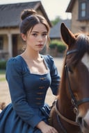 cinematic film still close-up photo of photograph of a 18 year old girl,  teen, 1girl, (belle-bb:1.1) ,in a small village sitting on a Clydesdale horse, blue pesant outfit,single hair bun . Detailed, intimate, clear, personal . shallow depth of field, vignette, highly detailed, high budget Hollywood movie, bokeh, cinemascope, moody, epic, gorgeous, film grain, grainy