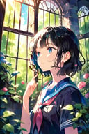 (Cynical realism, Cleancore:1.2),
scenery, background, masterpiece, best quality, aesthetic,
1girl, solo, (school uniform, serafuku,|} portrait,
sunlight, light rays, day, shadow, dappled sunlight, (forest, :1.3), black hair, blue eyes, blue sky, building, bush, closed mouth, flower, hand up, indoors, medium hair, outdoors, plant, sky, upper body, window
