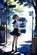 (Excessivism, Tinycore:1.2),
scenery, background, masterpiece, best quality, aesthetic,
1girl, solo, school uniform, serafuku,
sunlight, light rays, day, shadow, dappled sunlight,
(bus stop:1.2), black skirt, brown hair, closed mouth, feet out of frame, from behind, outdoors, rain, short hair, skirt