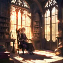 1girl, solo, alchemist room, sunlight, window, indoors, light rays, day, shadow, dappled sunlight, sitting on chair,  scenery, background, 
masterpiece, best quality, aesthetic
