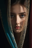 RAW photo, beautiful eyes, macro shot, masterpiece, peeking from behind curtains, colorful details, award winning, high detailed, 8k, natural lighting, analog film, detailed skin, amazing composition, intricate details, subsurface scattering, velus hairs, amazing textures, filmic, chiaroscuro, soft light