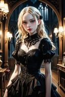 masterpiece, best quality, aesthetic, beautiful person, teenage, cowboy shot, pale skin, raw photo, ultra detailed, looking at viewer, gothic dress, indoors, room, night, dim, blonde hair, detailed clothes, realistic clothes, beautiful face, detailed face, dark, 