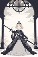 princess, 1girl, holding sword, black theme, dress, church, indoors, vivid, hands on hilt, 
masterpiece, best quality, aesthetic, ukiyo-e, 
