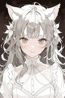 masterpiece, best quality, aesthetic, Animecore, Flemish Baroque ,1girl,succubus, , sexy, hot,realistic, , animal ear fluff, animal ears, blush, brown eyes, closed mouth, dress, extra ears, grey hair, hair between eyes, long hair, long sleeves, looking at viewer, solo, swept bangs, upper body