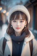 Beautiful and delicate light, (beautiful and delicate eyes), pale skin, dreamy, cute face, (front shot), Korean girl, bangs, soft expression, elegance, bright smile, 8k art photo, realistic concept art, realistic, portrait, necklace, small earrings, handbag, shyness, skirt, winter down parka, scarf, snowy street, footprints, cinematic,