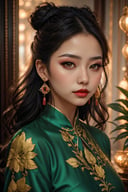 (best quality, 4k, 8k, highres, masterpiece:1.2), ultra-detailed, (realistic, photorealistic, photo-realistic:1.37), hyper realistic, 1girl,long hair,looking at viewer,black hair,dress,brown eyes,jewelry,medium breasts,upper body,earrings,parted lips,hair bun,from side,lips,double bun,makeup,leaf,chinese clothes,plant,lipstick,china dress,eyeshadow,green dress,realistic
