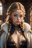 (best quality, 4k, 8k, highres, masterpiece:1.2), ultra-detailed, (realistic, photorealistic, photo-realistic:1.37), hyper realistic, 1girl,long hair,looking at viewer,blue eyes,blonde hair,upper body,braid,cape,armor,mole,twin braids,lips,fur trim,blurry background,freckles,realistic