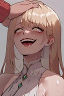 score_9,score_8_up,score_7_up,score_6_up <lora:nyantcha_style_xl_pd_goofy:1> nyantcha style, 1girl, blonde hair, blush, yellow eyes, long hair, bangs, ahegao, rolling eyes, open mouth, saliva, 1boy, hetero, simple background, bare shoulders, smile, teeth, sweat, solo focus,hand on another's head, 